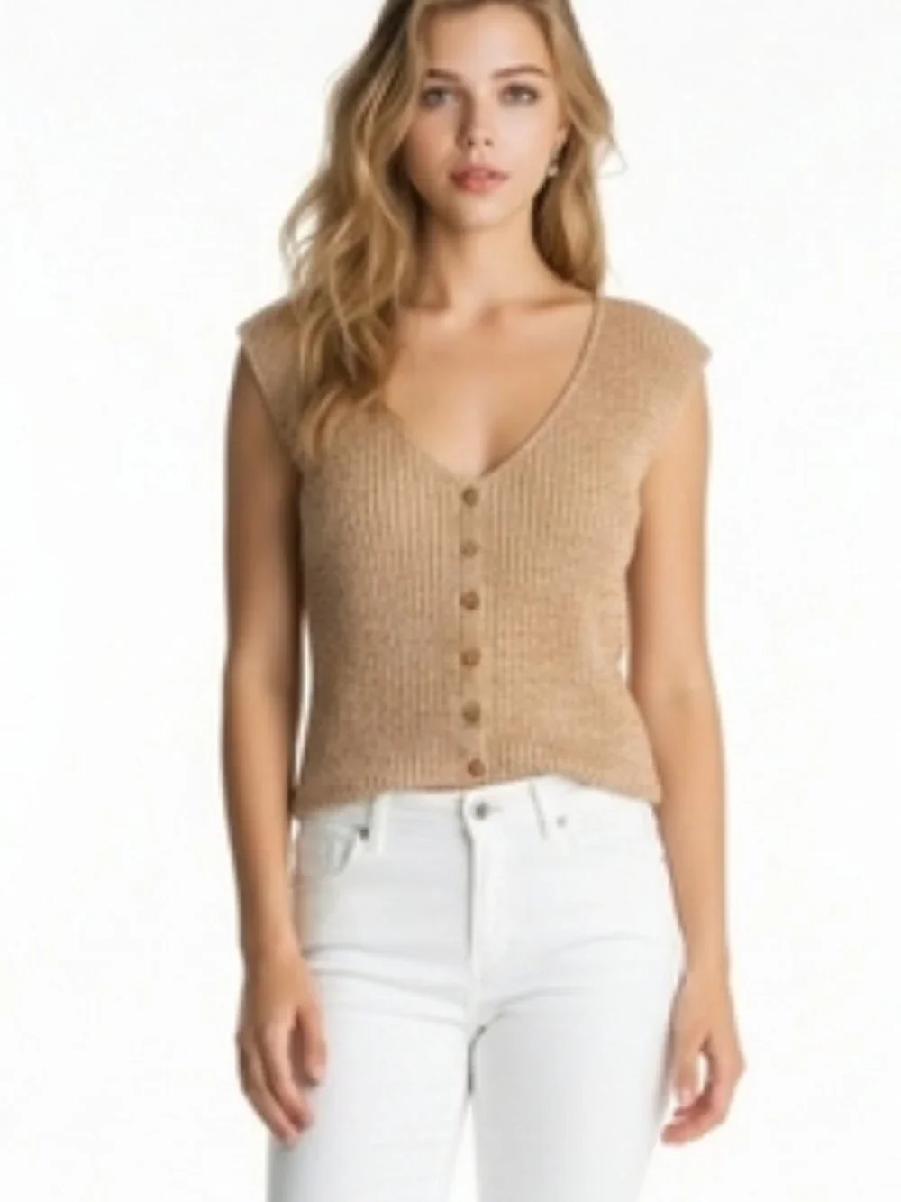 Madewell SZ S Button-Front Sleeveless Sweater Tee V-Neck Fitted Preppy Tan Knit - Picture 1 of 10